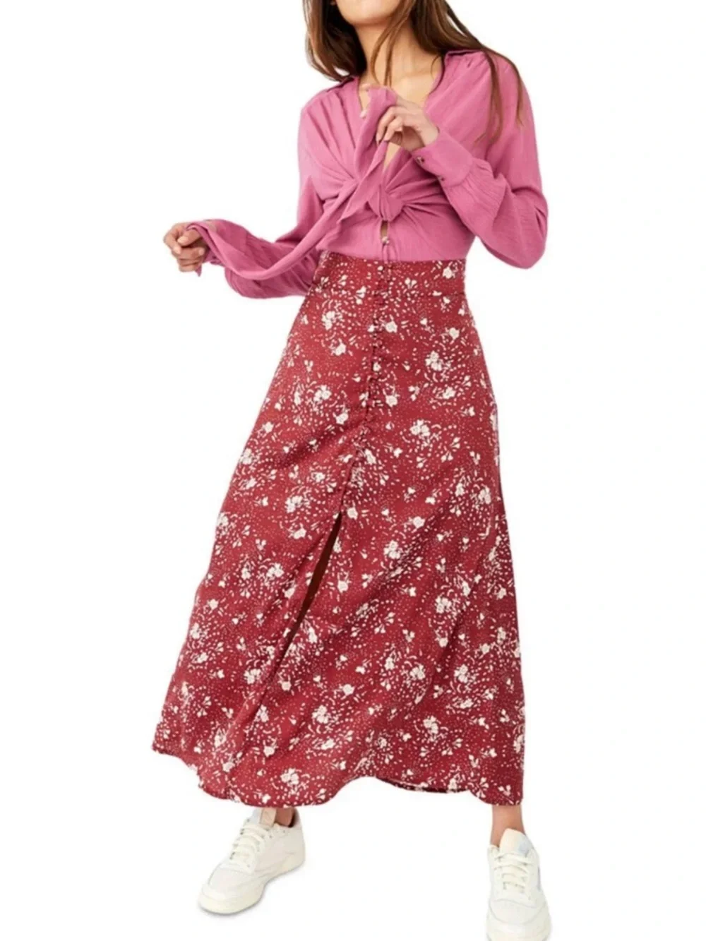Free People Sammy Button Down Maxi Skirt in Sweet Cranberry